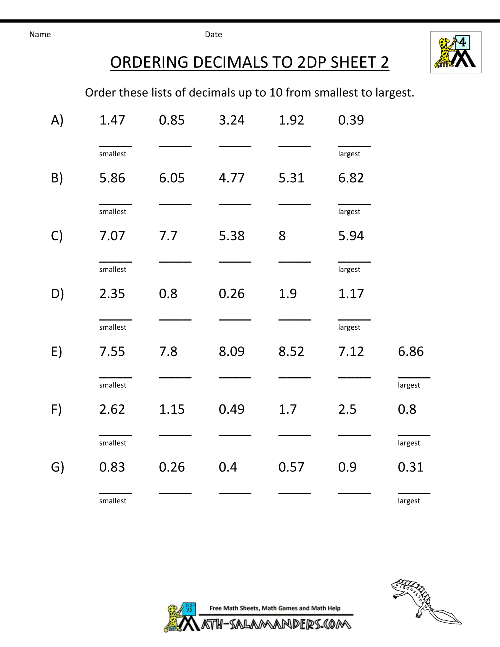 year 6 decimals worksheet